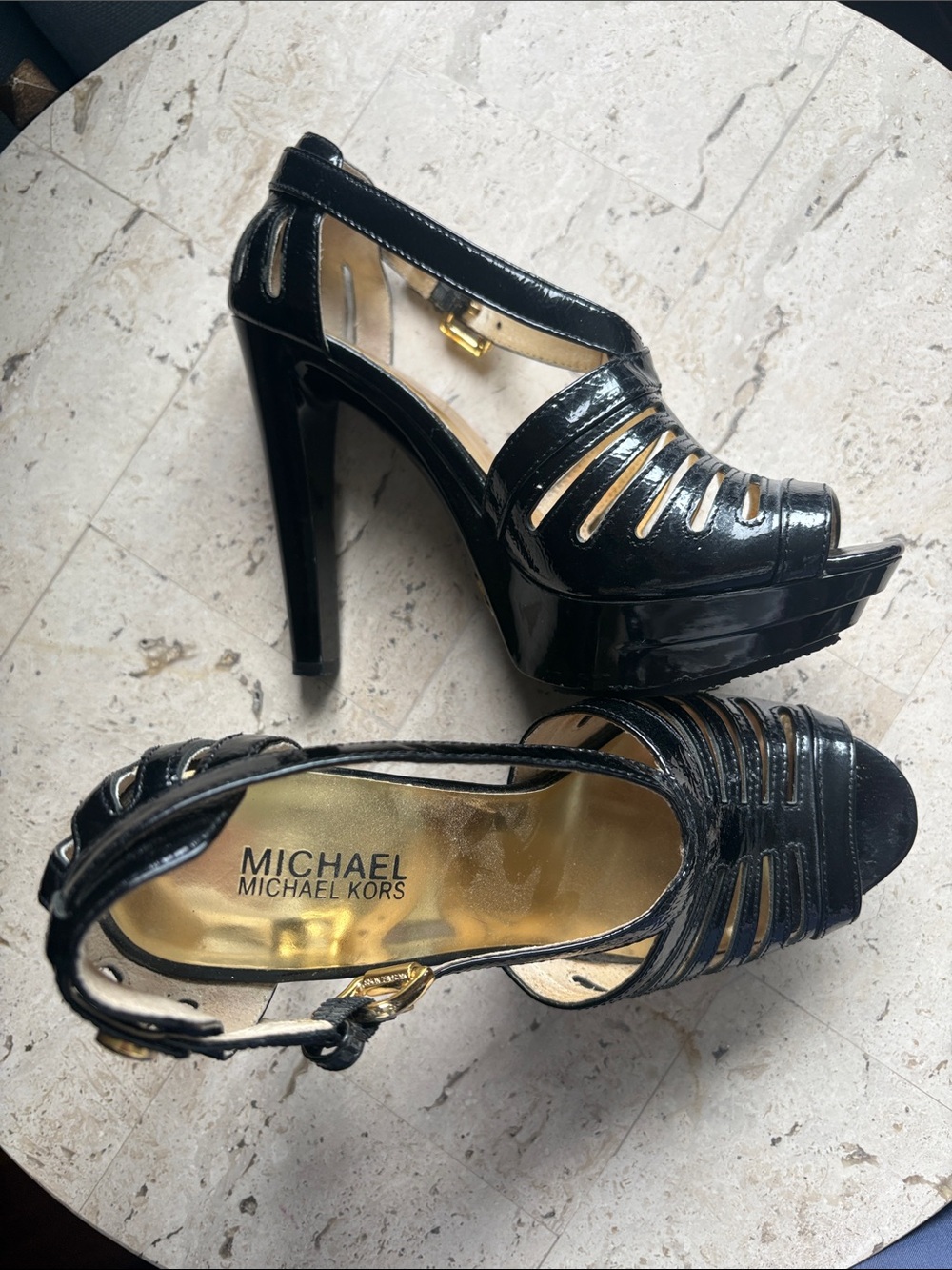 MICHAEL Michael Kors Black Patent Platform Peep-Toe Heels